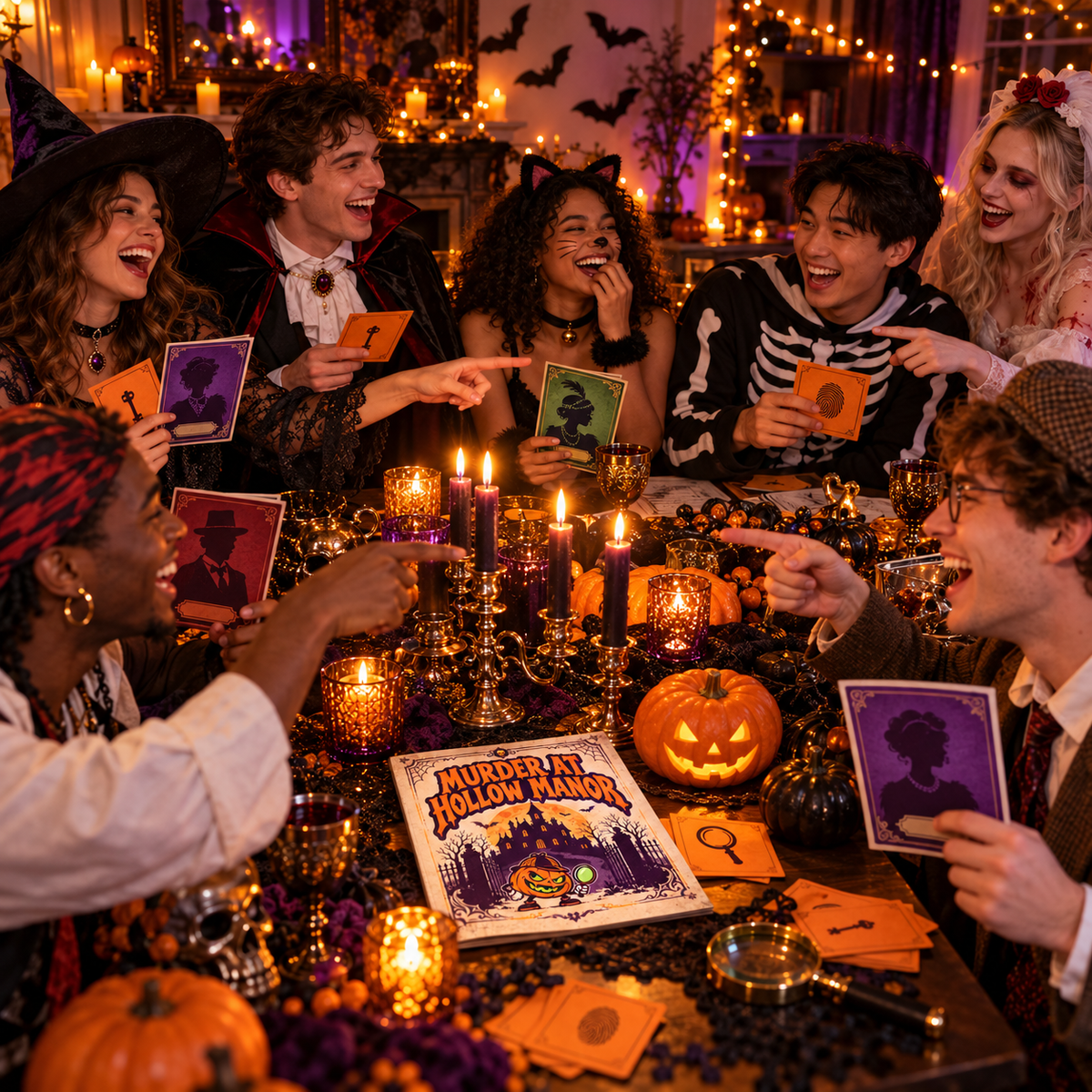 Friends playing Murder at Hollow Manor at a Halloween party