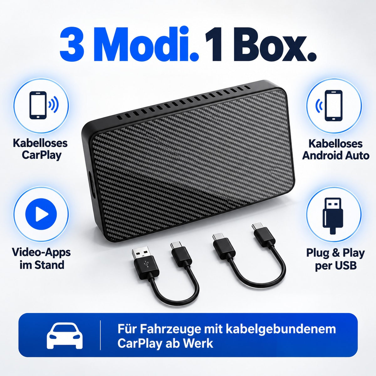 AI-Box: kabelloses CarPlay, Android Auto und Video-Apps im Stand