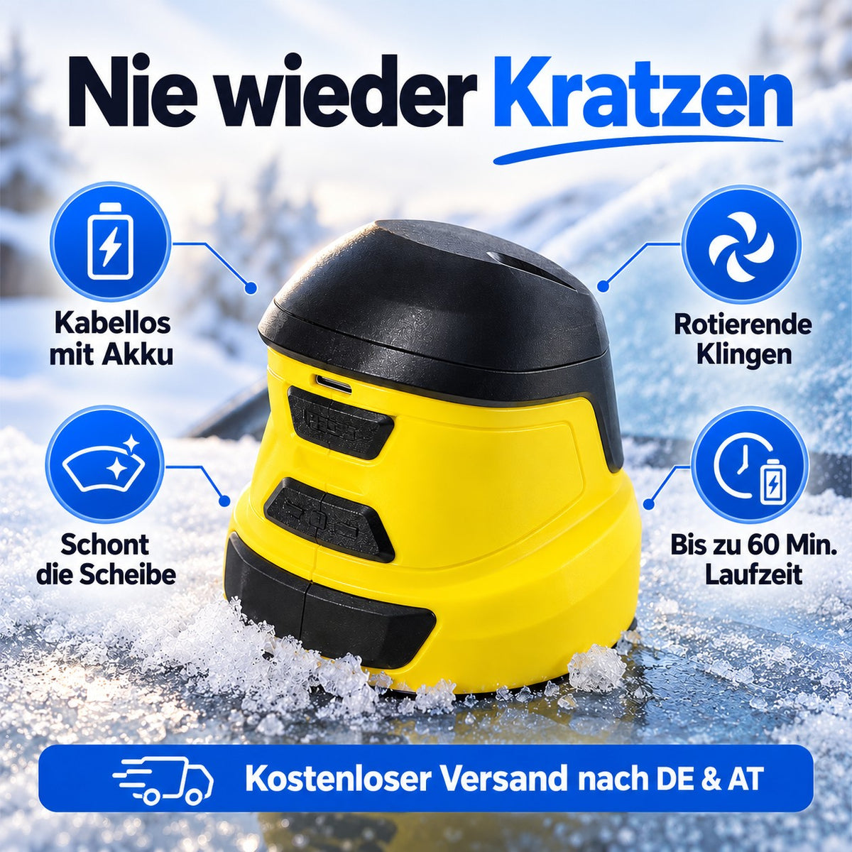 Eiskratzer Vorteile: kabellos, rotierende Klingen, schont die Scheibe