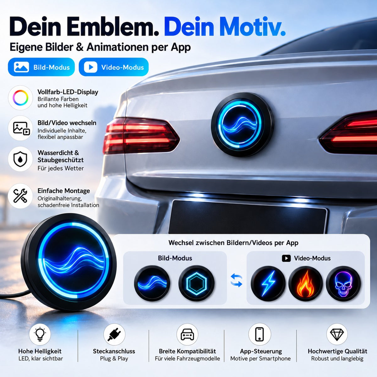 Dynamisches LED-Emblem-Display mit eigenen Motiven per App
