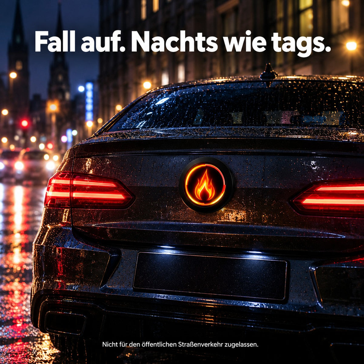 LED-Emblem bei Nacht – nicht für den öffentlichen Straßenverkehr zugelassen