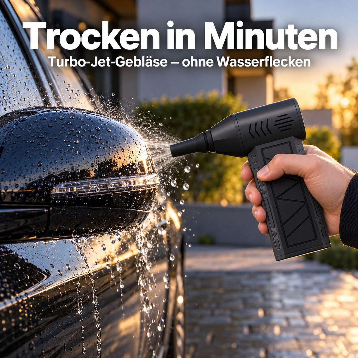Turbo-Jet-Gebläse trocknet Autospiegel nach der Wäsche