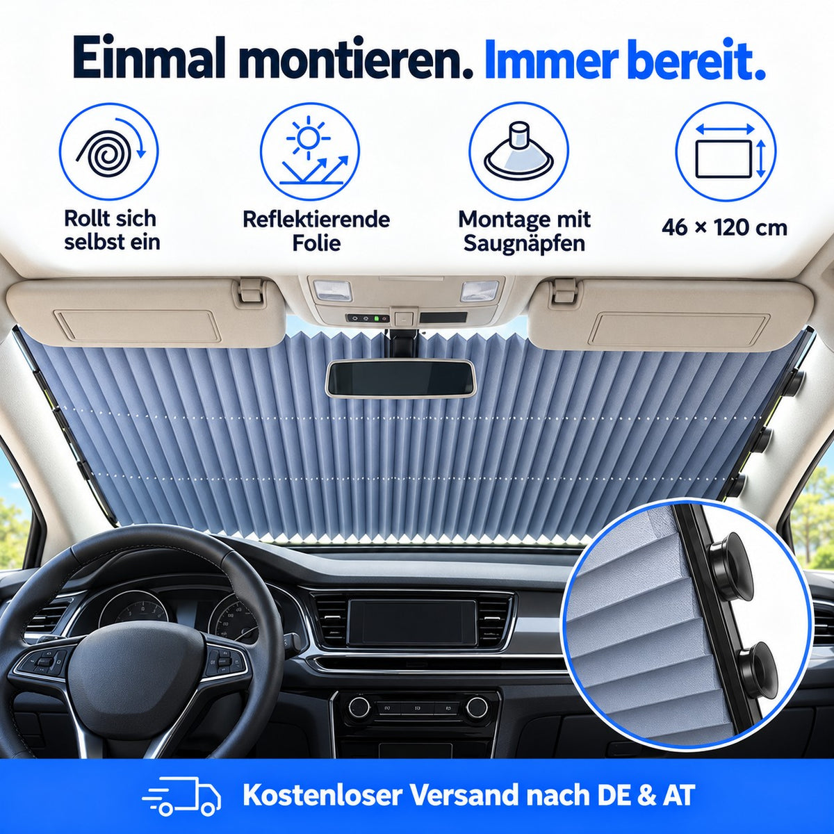 Sonnenrollo: rollt sich selbst ein, Montage mit Saugnäpfen